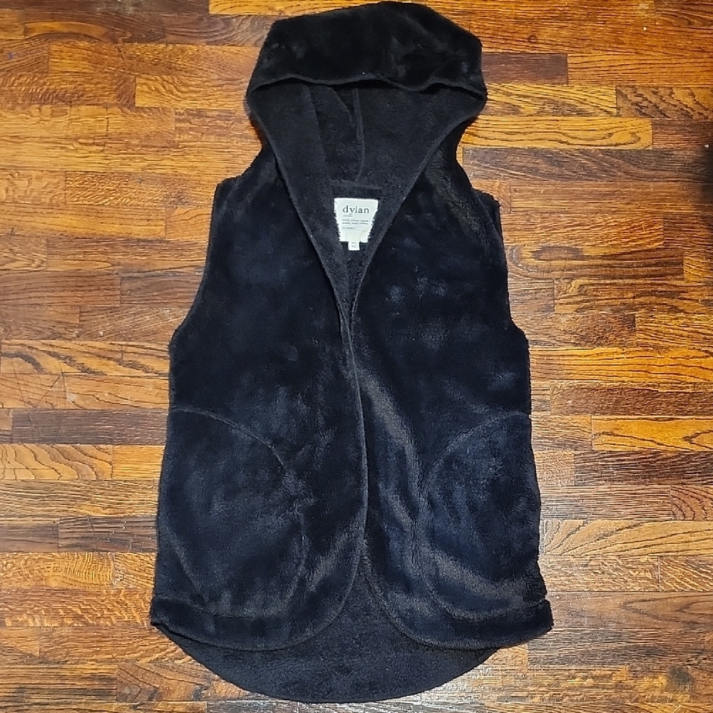Dylan Womens Sleeveless Midnight Black Fuzzy Warm Hooded Vest Oversized XS